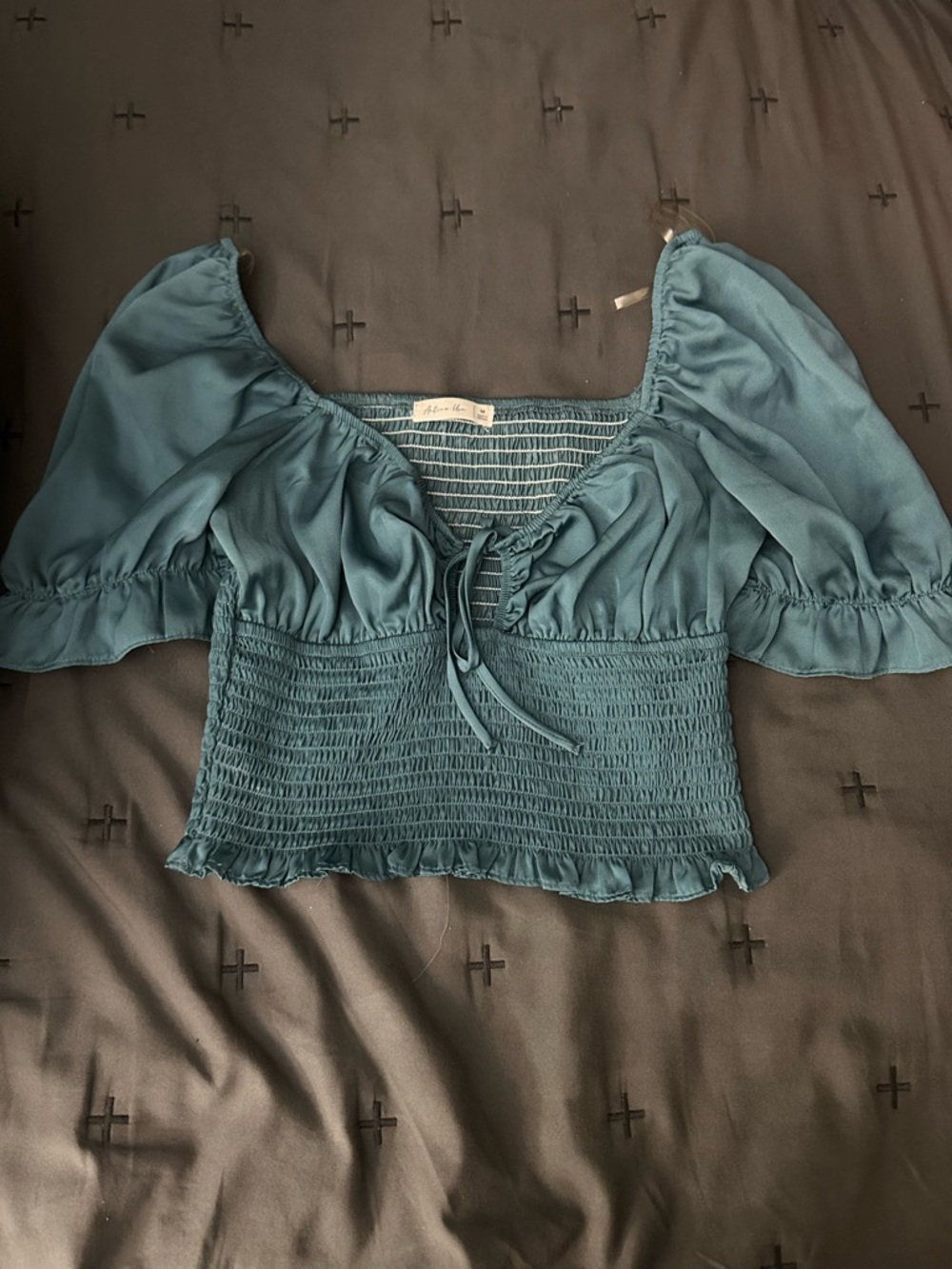 Active USA Teal Smocked Puff-Sleeve Crop Top